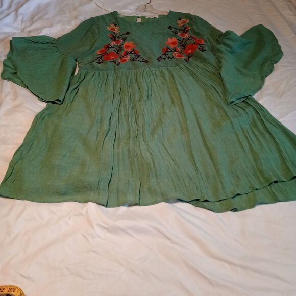 Umgee Embroidered Mini Dress Flutter Bell Sleeve Floral Swiss dot XL Green Event - Picture 3 of 9